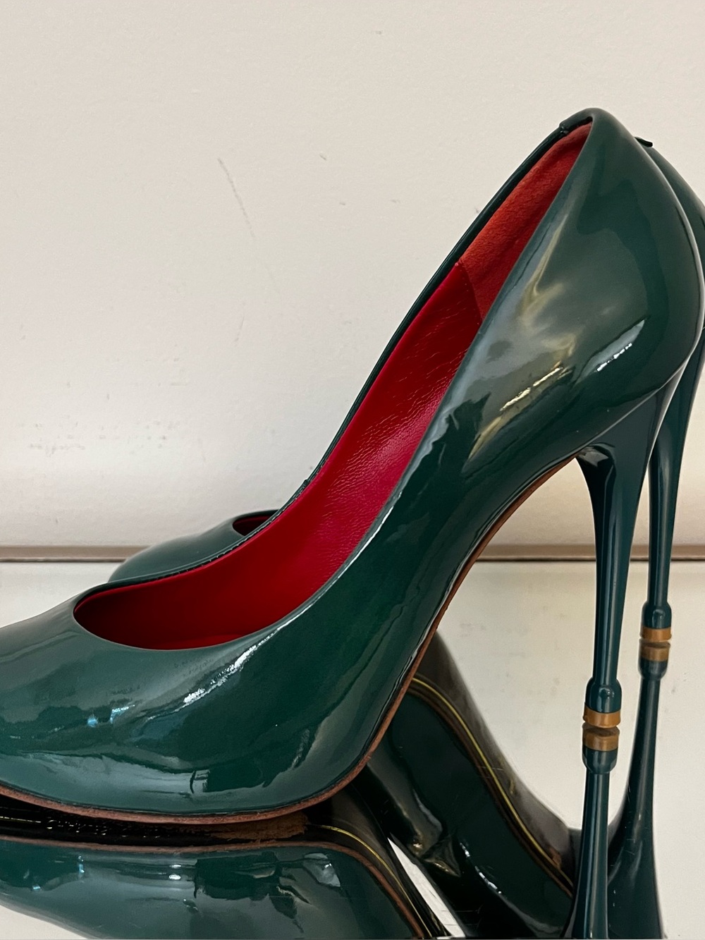 Vintage 90s Charles Jourdan Emerald Green Patent Pumps w/ Winged Flare Stiletto
